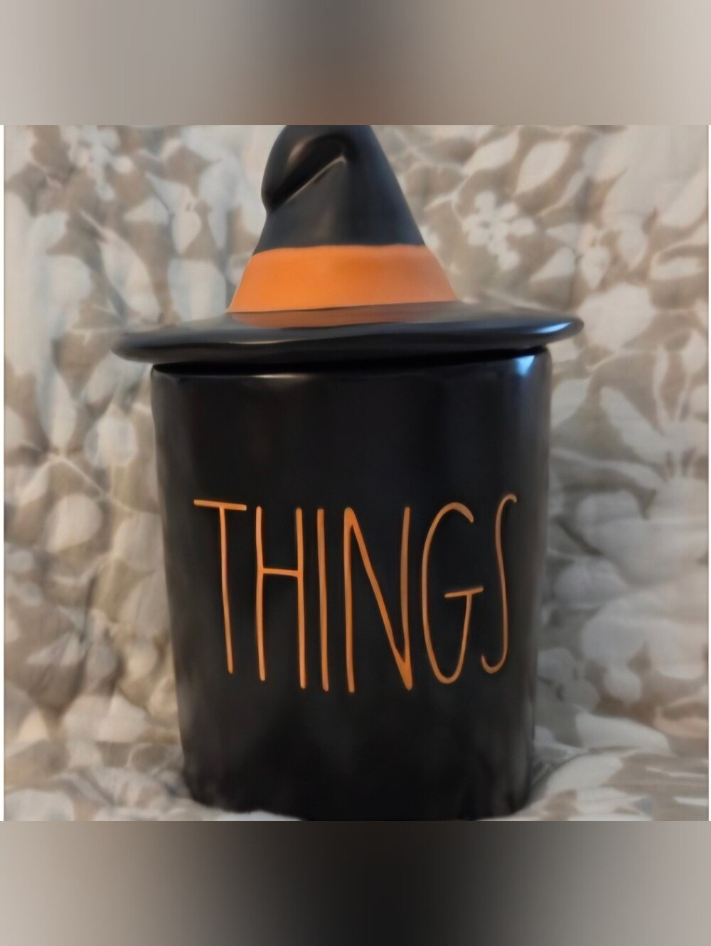RAE & DUNN Halloween 'THINGS' Canister with Witch Hat Lid - Black & Orange NWT